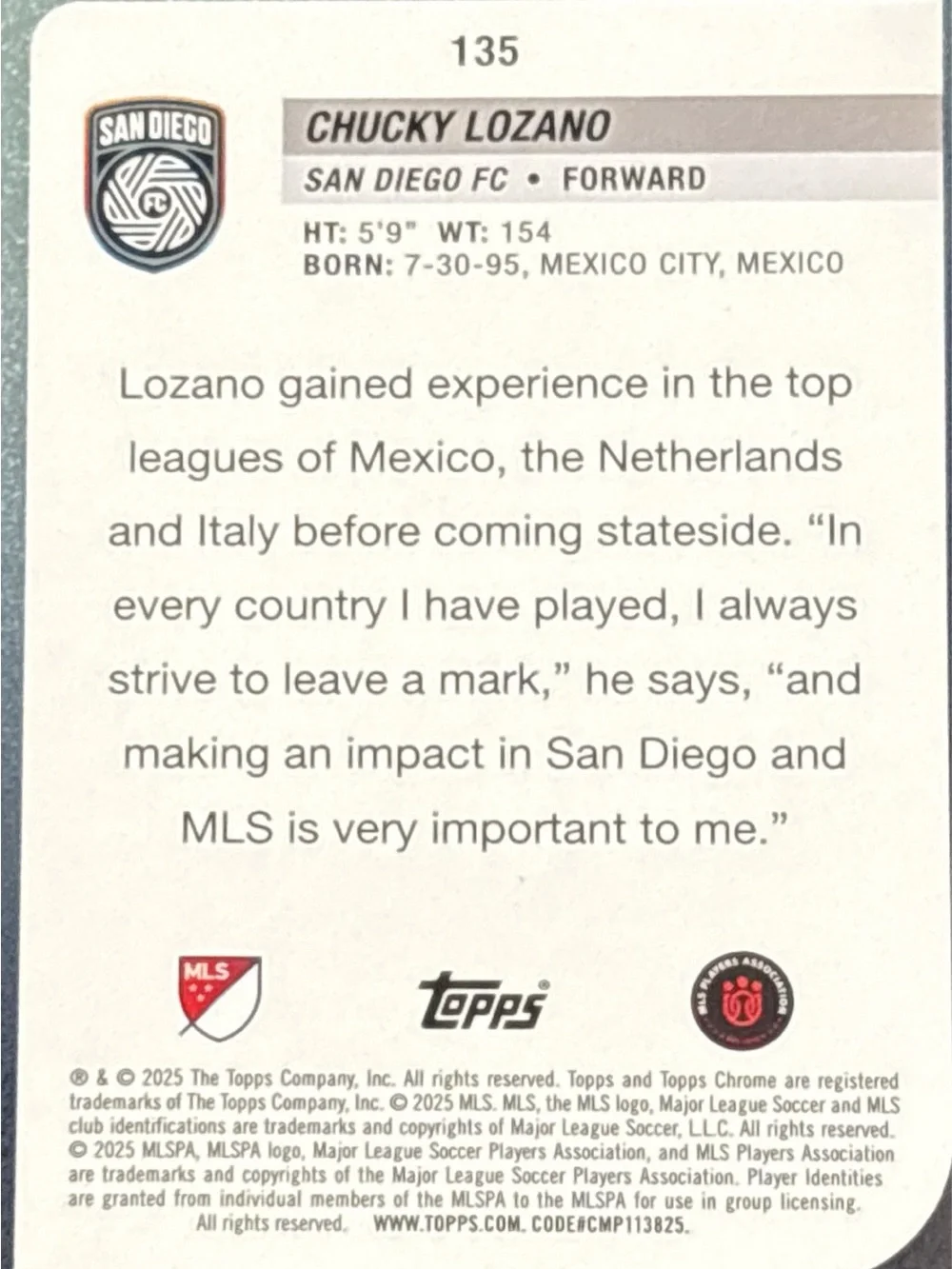 Topps Chrome Chucky Lozano Soccer Card